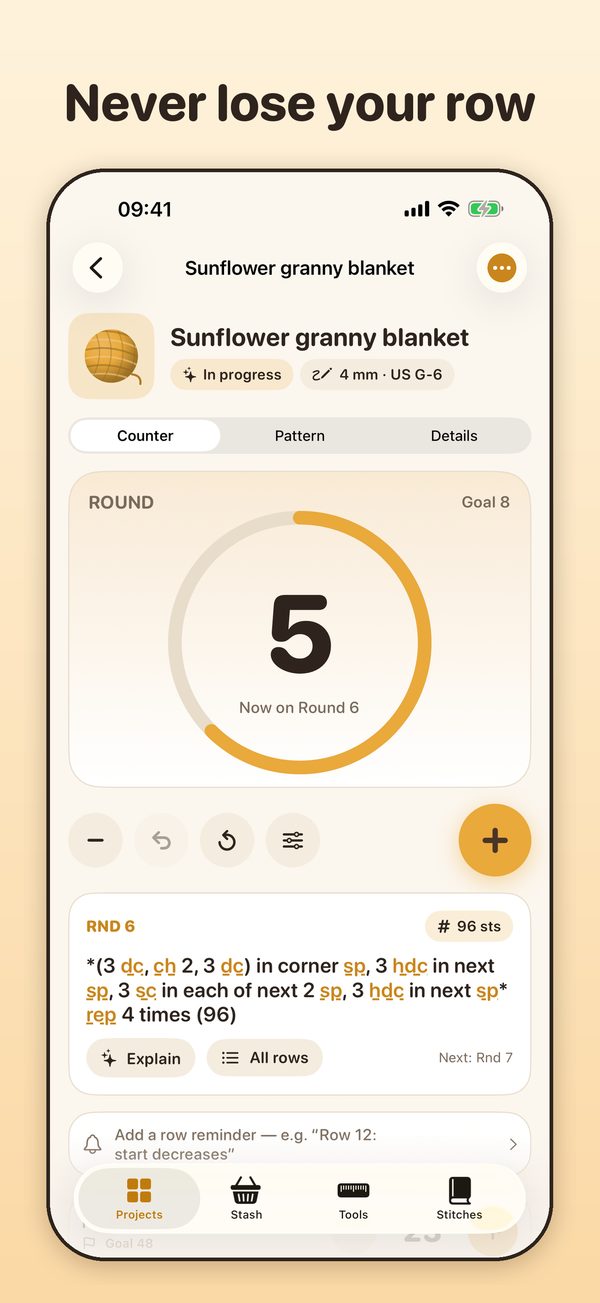 Row counter with goal ring